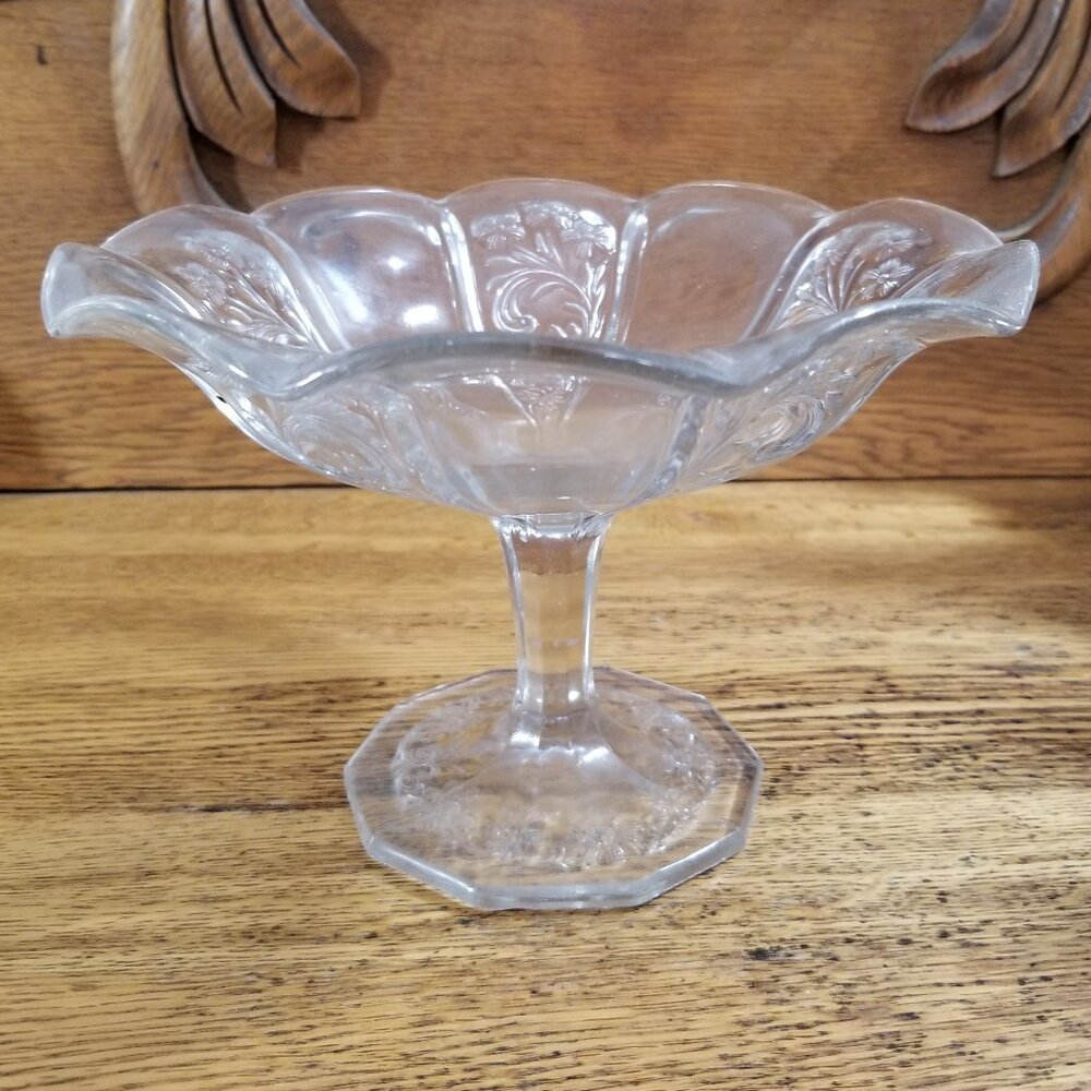 Vintage Pressed Glass Floral Compote Bowl 8” Pedestal Clear Elegant Glass